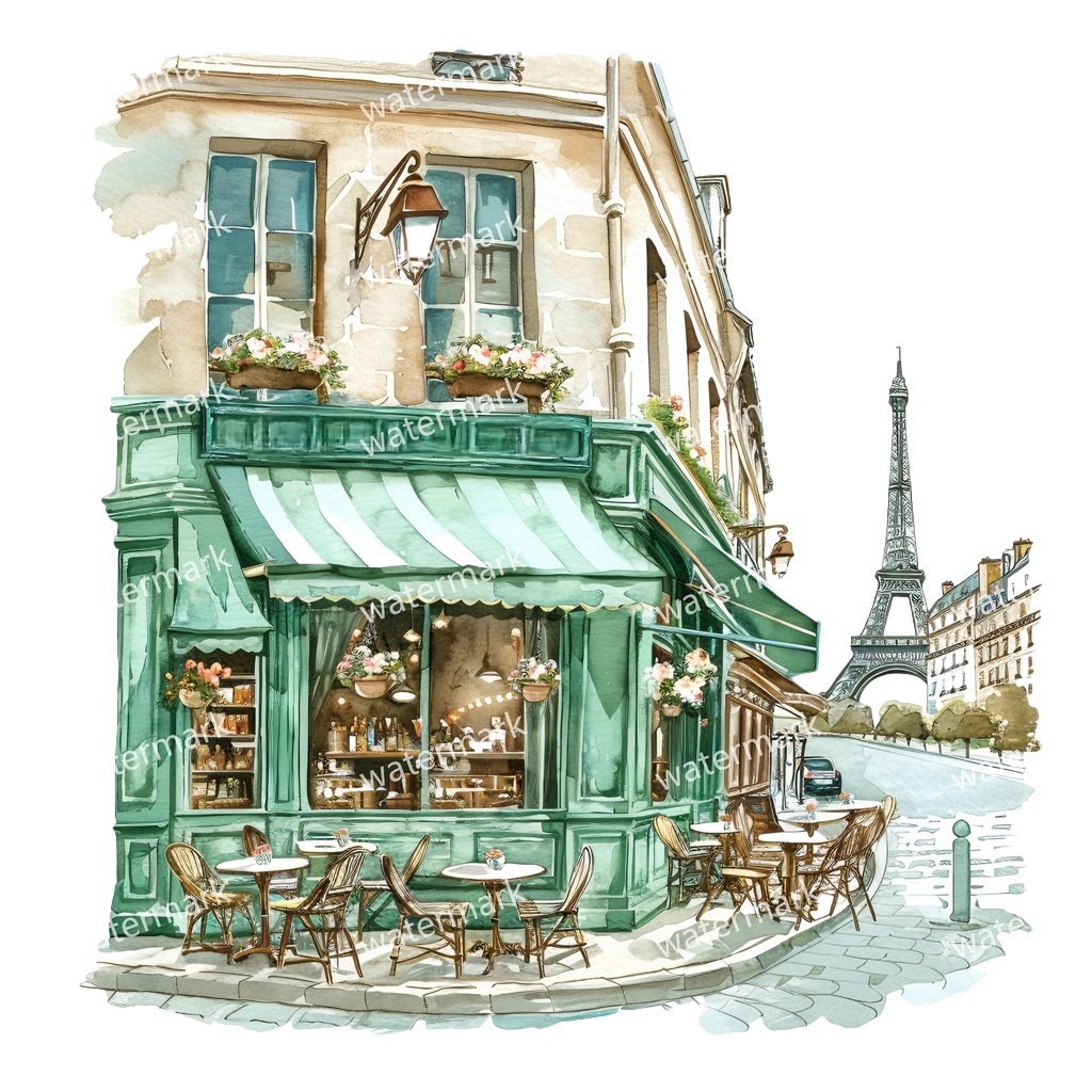 【商用利用可】パリのカフェコーナー(水彩パリスケッチ)クリップアート20点セット|高解像度・透過PNG|印刷OK|コラージュ・ジャンクジャーナル素材|即ダウンロード
