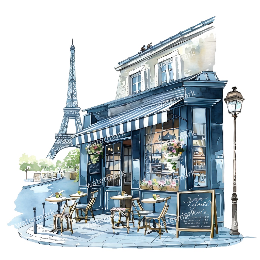 【商用利用可】パリのカフェコーナー(水彩パリスケッチ)クリップアート20点セット|高解像度・透過PNG|印刷OK|コラージュ・ジャンクジャーナル素材|即ダウンロード
