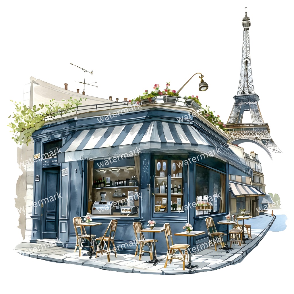 【商用利用可】パリのカフェコーナー(水彩パリスケッチ)クリップアート20点セット|高解像度・透過PNG|印刷OK|コラージュ・ジャンクジャーナル素材|即ダウンロード