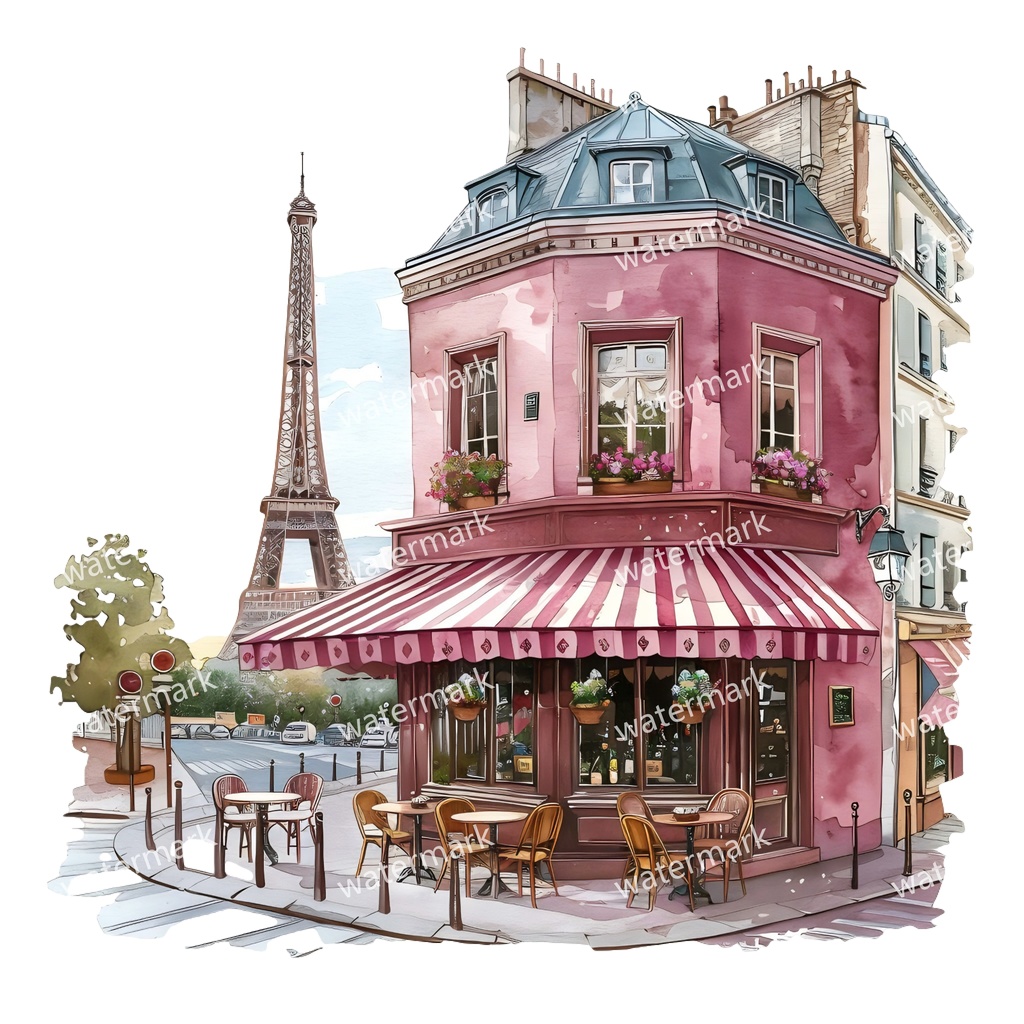 【商用利用可】パリのカフェコーナー(水彩パリスケッチ)クリップアート20点セット|高解像度・透過PNG|印刷OK|コラージュ・ジャンクジャーナル素材|即ダウンロード