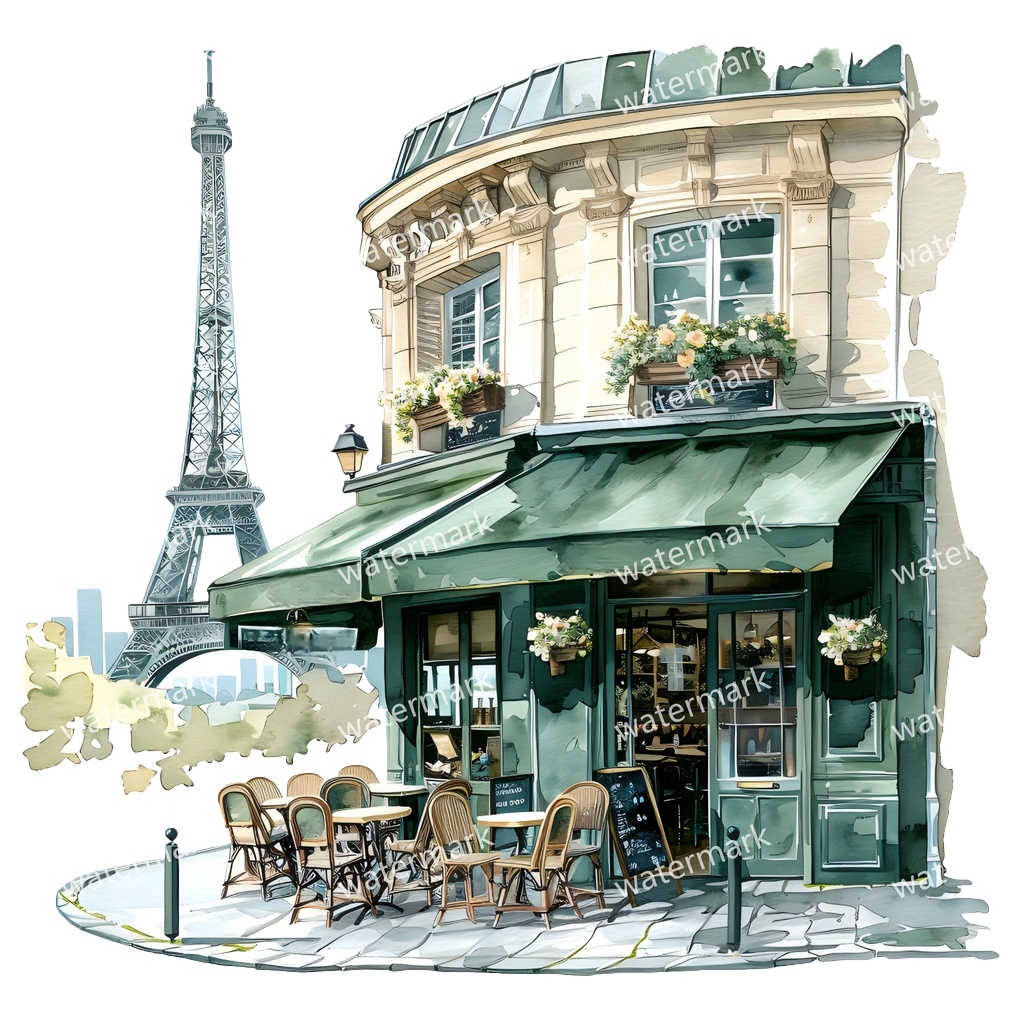【商用利用可】パリのカフェコーナー(水彩パリスケッチ)クリップアート20点セット|高解像度・透過PNG|印刷OK|コラージュ・ジャンクジャーナル素材|即ダウンロード