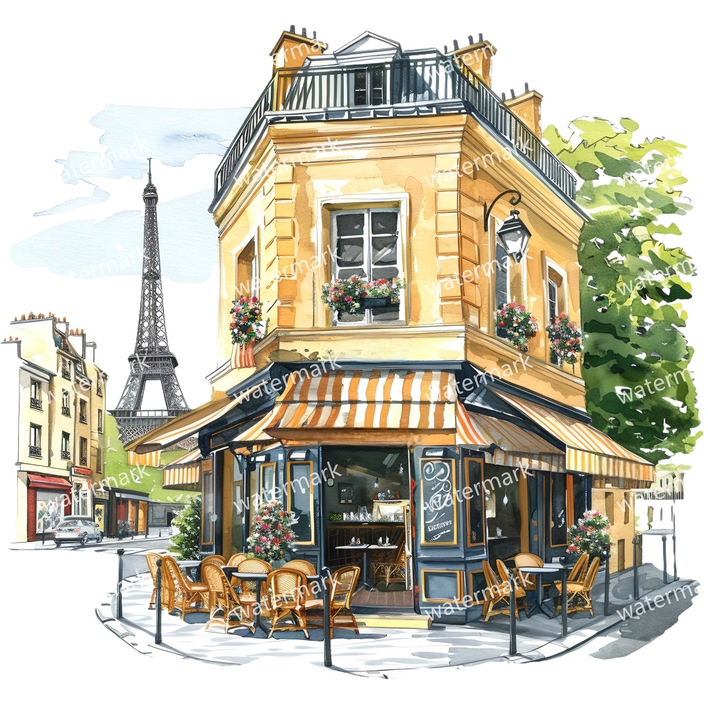 【商用利用可】パリのカフェコーナー(水彩パリスケッチ)クリップアート20点セット|高解像度・透過PNG|印刷OK|コラージュ・ジャンクジャーナル素材|即ダウンロード