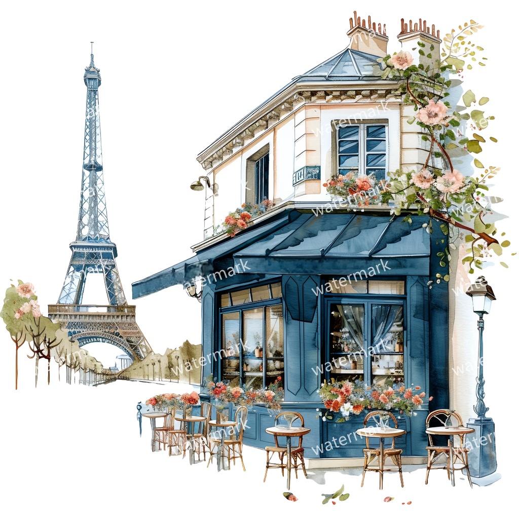 【商用利用可】パリのカフェコーナー(水彩パリスケッチ)クリップアート20点セット|高解像度・透過PNG|印刷OK|コラージュ・ジャンクジャーナル素材|即ダウンロード
