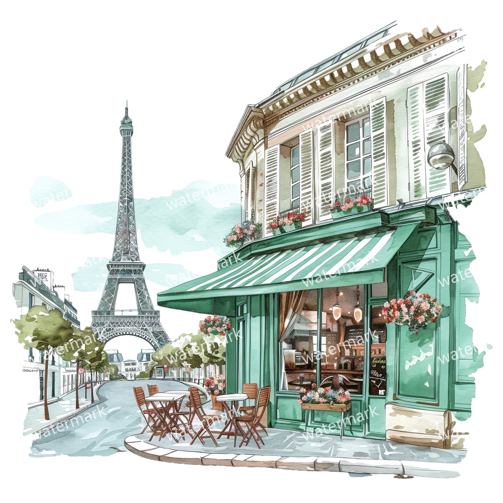 【商用利用可】パリのカフェコーナー(水彩パリスケッチ)クリップアート20点セット|高解像度・透過PNG|印刷OK|コラージュ・ジャンクジャーナル素材|即ダウンロード