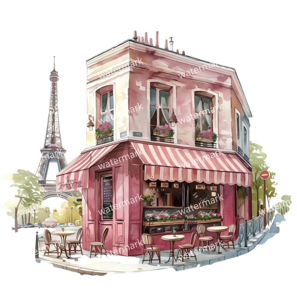 【商用利用可】パリのカフェコーナー(水彩パリスケッチ)クリップアート20点セット|高解像度・透過PNG|印刷OK|コラージュ・ジャンクジャーナル素材|即ダウンロード