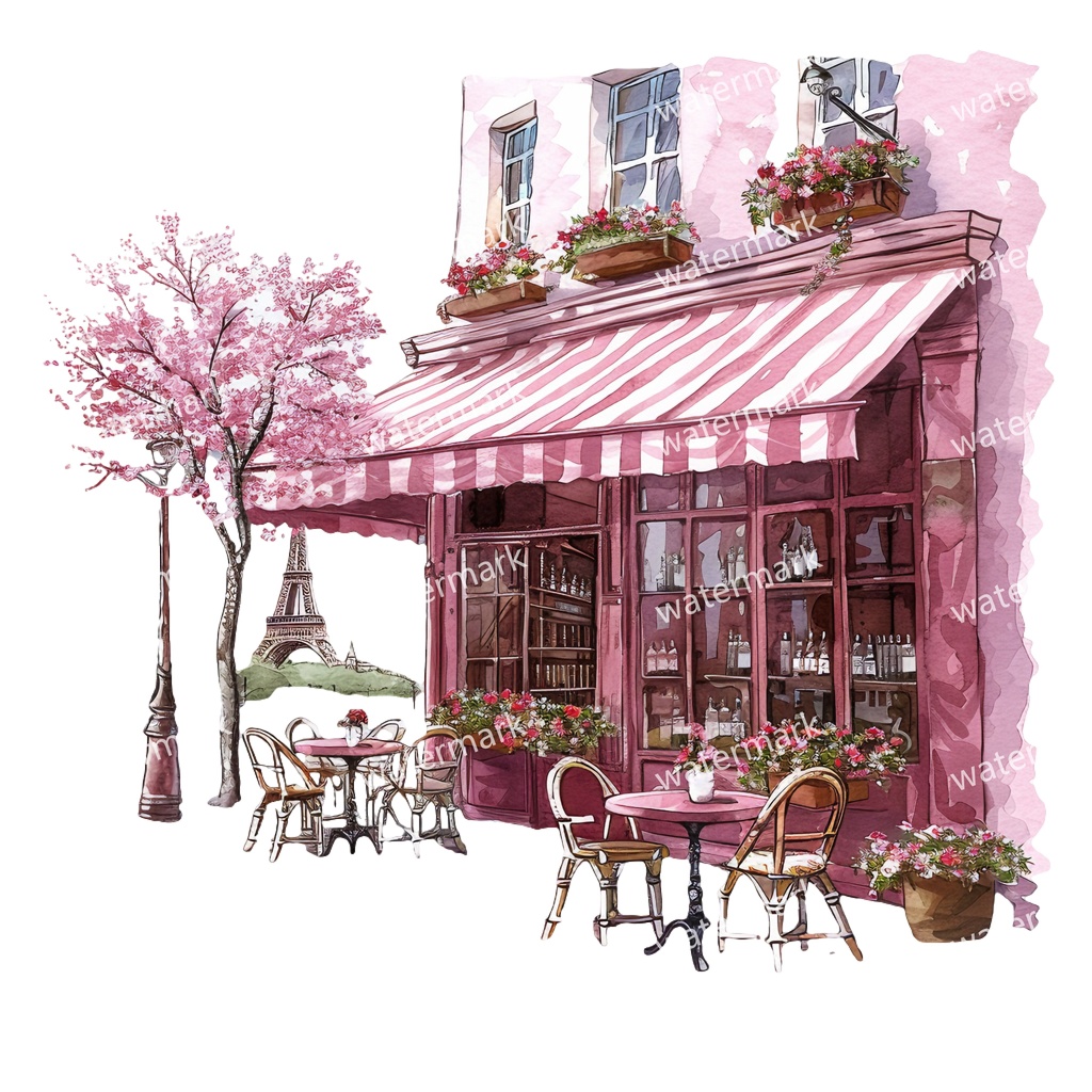 【商用利用可】パリのカフェコーナー(水彩パリスケッチ)クリップアート20点セット|高解像度・透過PNG|印刷OK|コラージュ・ジャンクジャーナル素材|即ダウンロード