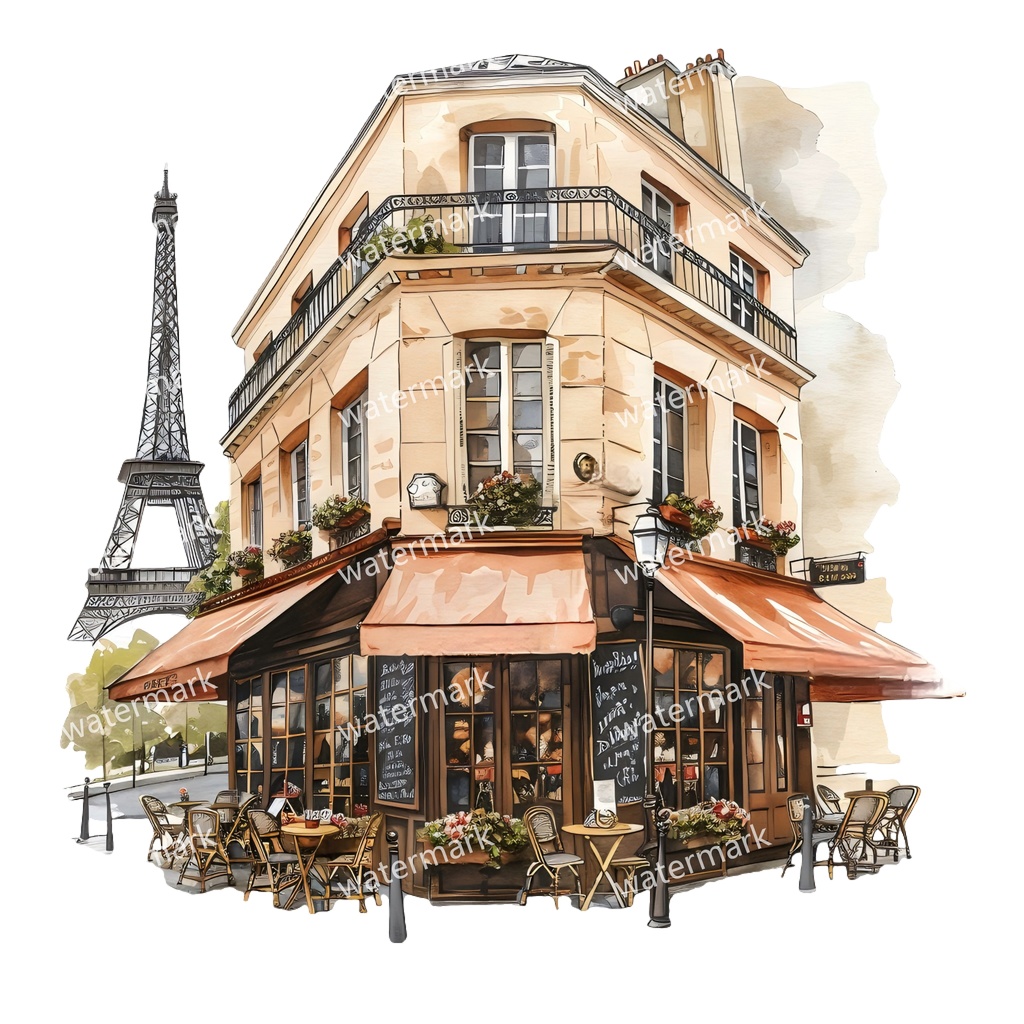 【商用利用可】パリのカフェコーナー(水彩パリスケッチ)クリップアート20点セット|高解像度・透過PNG|印刷OK|コラージュ・ジャンクジャーナル素材|即ダウンロード