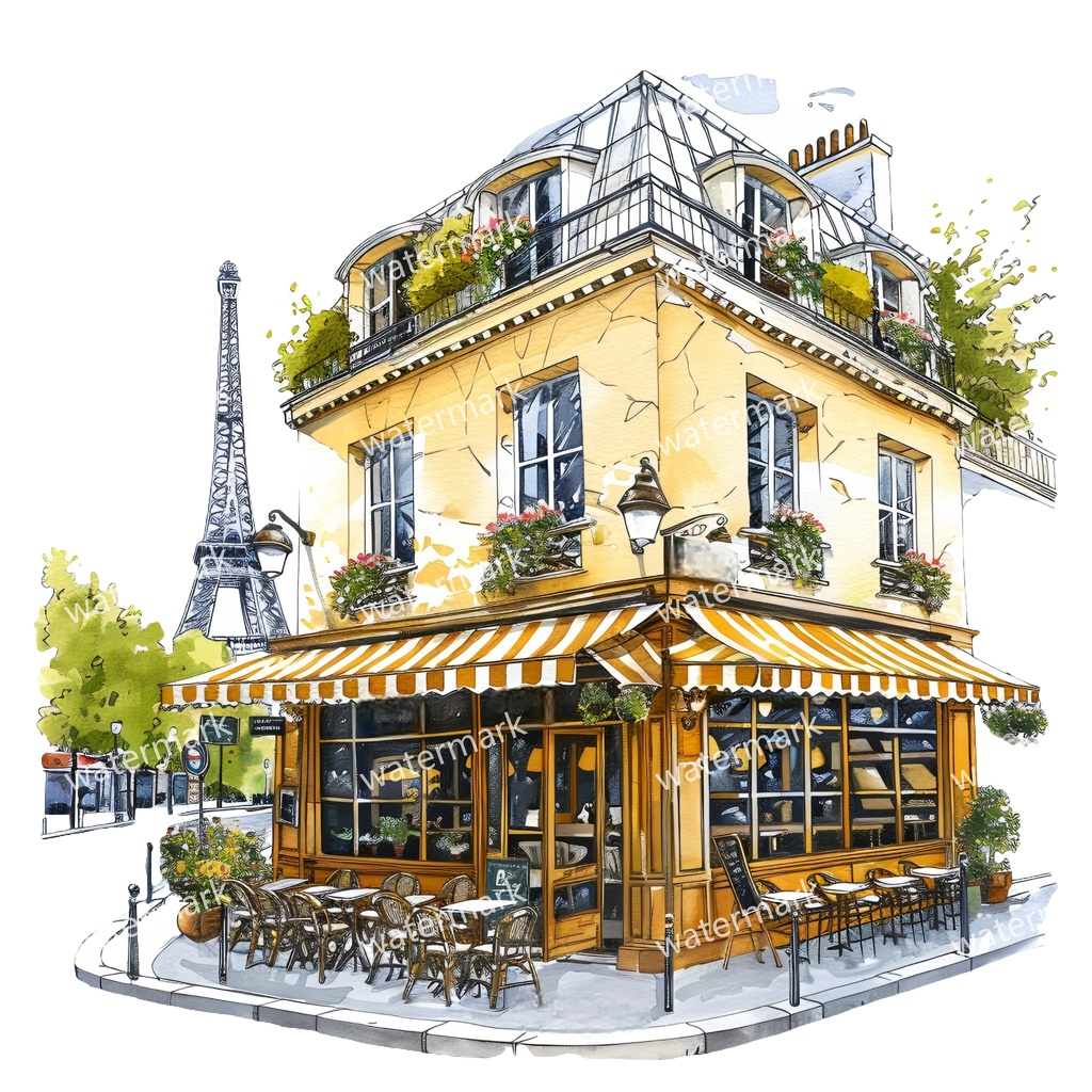 【商用利用可】パリのカフェコーナー(水彩パリスケッチ)クリップアート20点セット|高解像度・透過PNG|印刷OK|コラージュ・ジャンクジャーナル素材|即ダウンロード