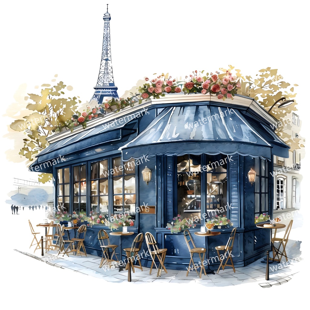 【商用利用可】パリのカフェコーナー(水彩パリスケッチ)クリップアート20点セット|高解像度・透過PNG|印刷OK|コラージュ・ジャンクジャーナル素材|即ダウンロード