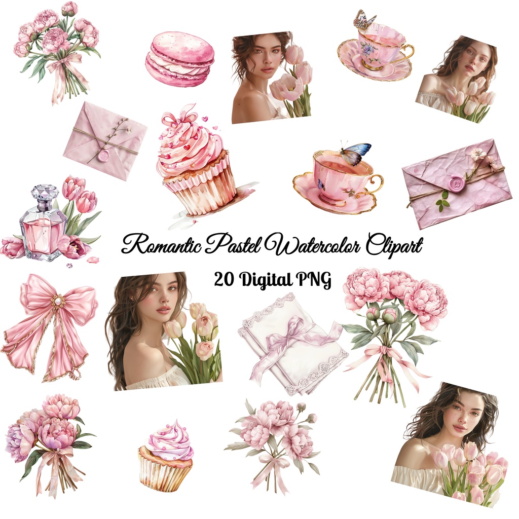 【商用利用可】ロマンティックパステル(水彩クリップアート)素材セット|高解像度・透過PNG|印刷OK|コラージュ・ジャンクジャーナル素材|即ダウンロード