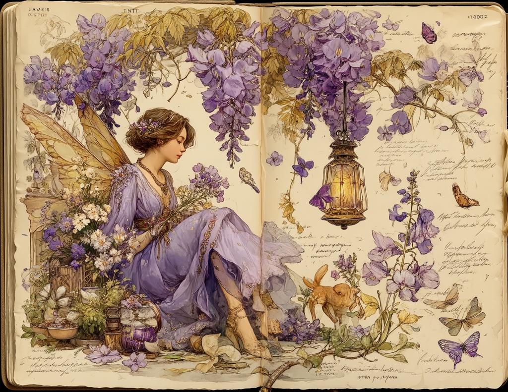 【商用利用可】ラベンダーフェアリーコア ジャンクジャーナル素材|水彩ヴィンテージボタニカル&妖精エフェメラ|藤の花パープルデジタルペーパー|印刷OK・即ダウンロード