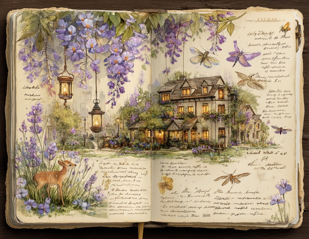 【商用利用可】ラベンダーフェアリーコア ジャンクジャーナル素材|水彩ヴィンテージボタニカル&妖精エフェメラ|藤の花パープルデジタルペーパー|印刷OK・即ダウンロード