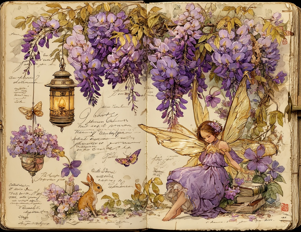 【商用利用可】ラベンダーフェアリーコア ジャンクジャーナル素材|水彩ヴィンテージボタニカル&妖精エフェメラ|藤の花パープルデジタルペーパー|印刷OK・即ダウンロード