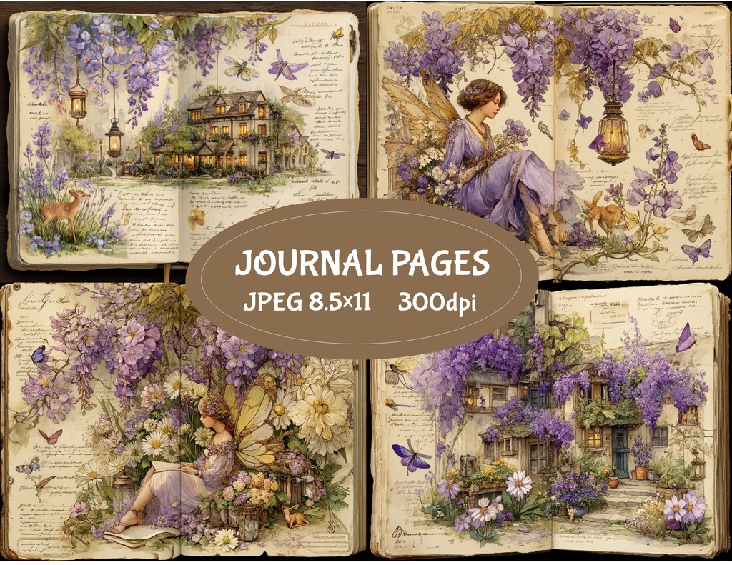 【商用利用可】ラベンダーフェアリーコア ジャンクジャーナル素材|水彩ヴィンテージボタニカル&妖精エフェメラ|藤の花パープルデジタルペーパー|印刷OK・即ダウンロード