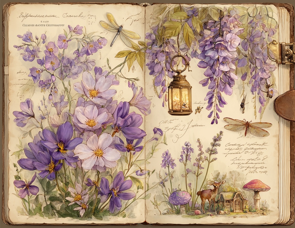 【商用利用可】ラベンダーフェアリーコア ジャンクジャーナル素材|水彩ヴィンテージボタニカル&妖精エフェメラ|藤の花パープルデジタルペーパー|印刷OK・即ダウンロード