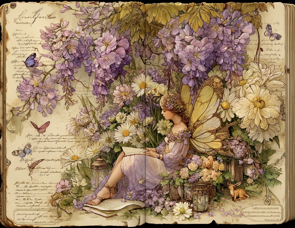 【商用利用可】ラベンダーフェアリーコア ジャンクジャーナル素材|水彩ヴィンテージボタニカル&妖精エフェメラ|藤の花パープルデジタルペーパー|印刷OK・即ダウンロード