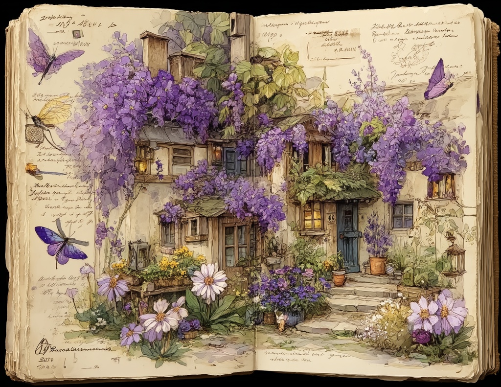 【商用利用可】ラベンダーフェアリーコア ジャンクジャーナル素材|水彩ヴィンテージボタニカル&妖精エフェメラ|藤の花パープルデジタルペーパー|印刷OK・即ダウンロード