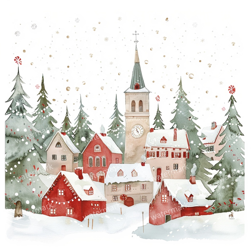 【商用利用可】クリスマス村(水彩ウィンタービレッジ)クリップアート11点セット|赤い家と雪の教会|高解像度・透過PNG|コラージュ・ジャンクジャーナル素材|即ダウンロード