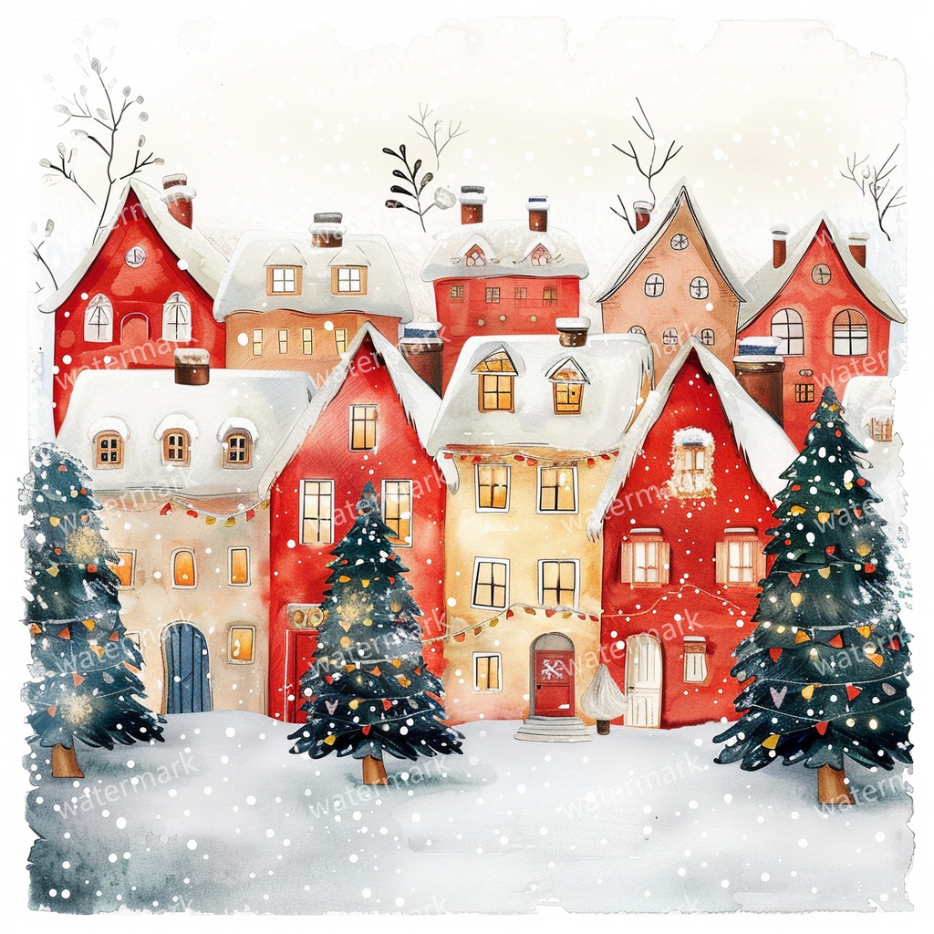 【商用利用可】クリスマス村(水彩ウィンタービレッジ)クリップアート11点セット|赤い家と雪の教会|高解像度・透過PNG|コラージュ・ジャンクジャーナル素材|即ダウンロード