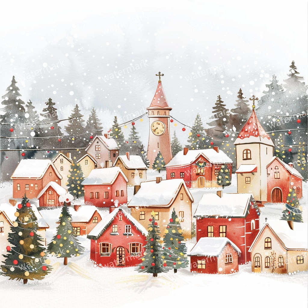 【商用利用可】クリスマス村(水彩ウィンタービレッジ)クリップアート11点セット|赤い家と雪の教会|高解像度・透過PNG|コラージュ・ジャンクジャーナル素材|即ダウンロード