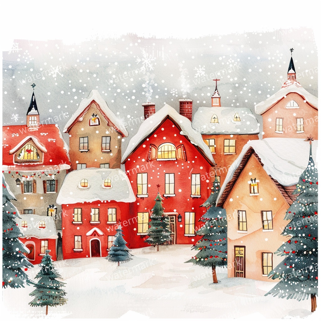 【商用利用可】クリスマス村(水彩ウィンタービレッジ)クリップアート11点セット|赤い家と雪の教会|高解像度・透過PNG|コラージュ・ジャンクジャーナル素材|即ダウンロード