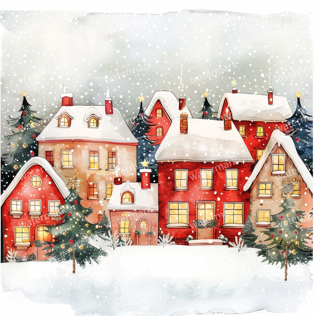 【商用利用可】クリスマス村(水彩ウィンタービレッジ)クリップアート11点セット|赤い家と雪の教会|高解像度・透過PNG|コラージュ・ジャンクジャーナル素材|即ダウンロード