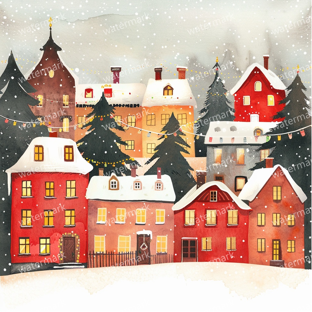 【商用利用可】クリスマス村(水彩ウィンタービレッジ)クリップアート11点セット|赤い家と雪の教会|高解像度・透過PNG|コラージュ・ジャンクジャーナル素材|即ダウンロード