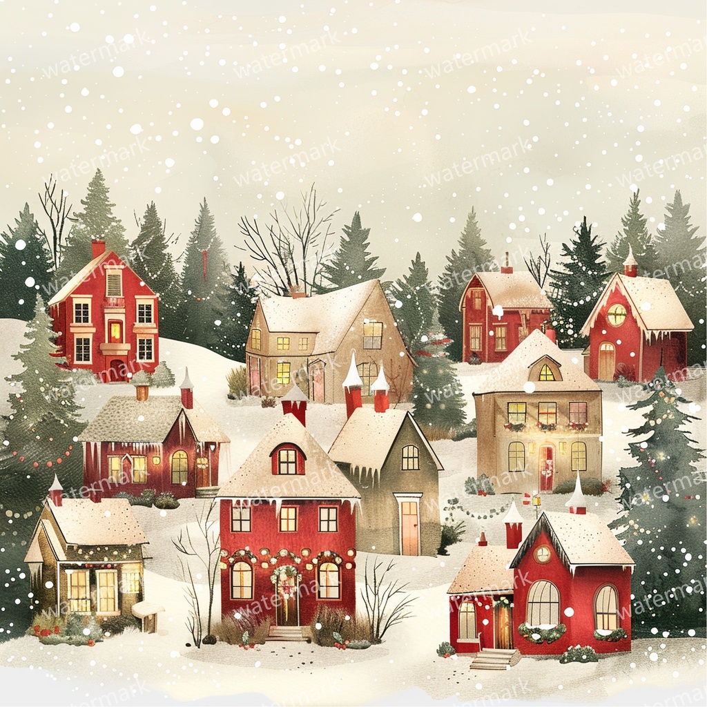 【商用利用可】クリスマス村(水彩ウィンタービレッジ)クリップアート11点セット|赤い家と雪の教会|高解像度・透過PNG|コラージュ・ジャンクジャーナル素材|即ダウンロード