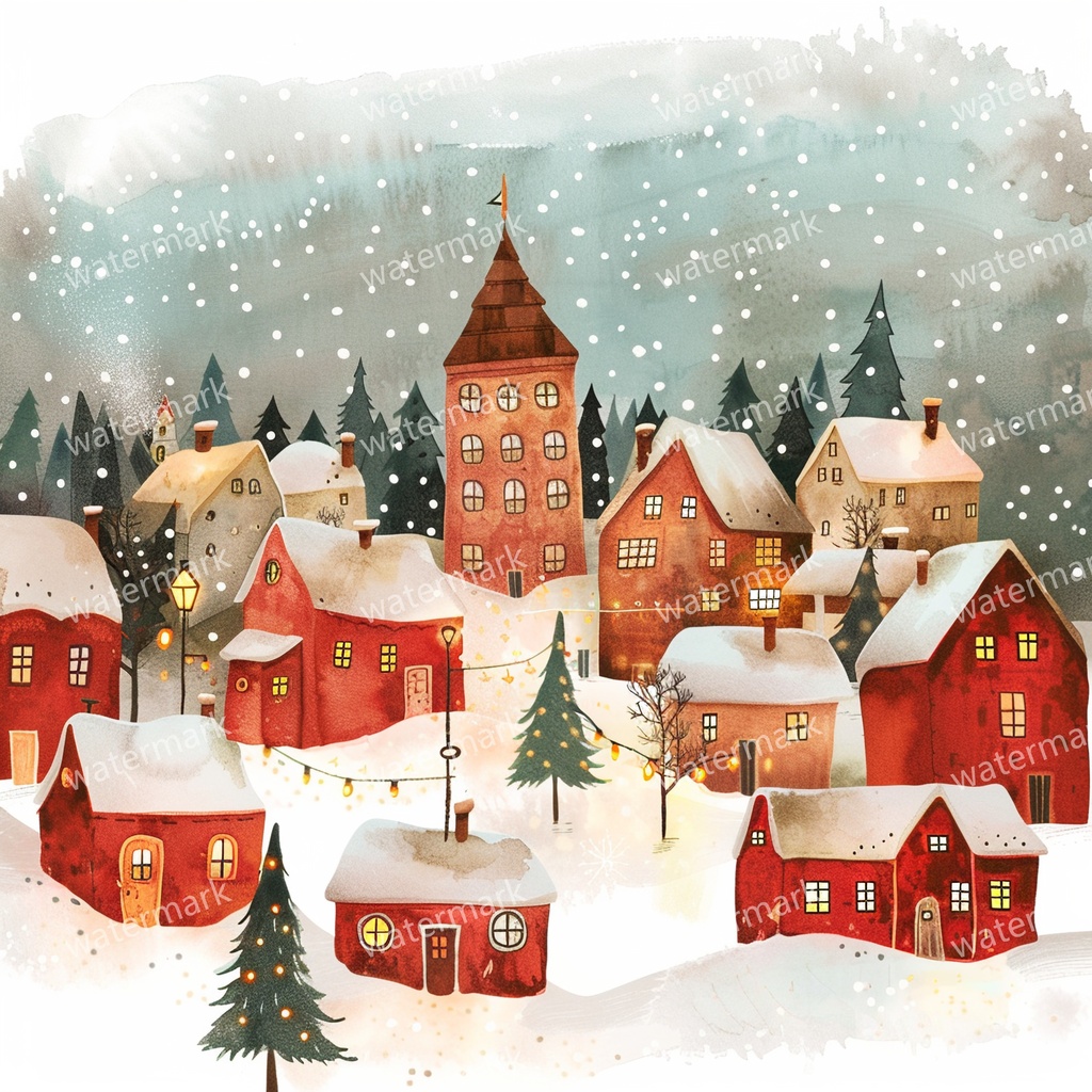 【商用利用可】クリスマス村(水彩ウィンタービレッジ)クリップアート11点セット|赤い家と雪の教会|高解像度・透過PNG|コラージュ・ジャンクジャーナル素材|即ダウンロード