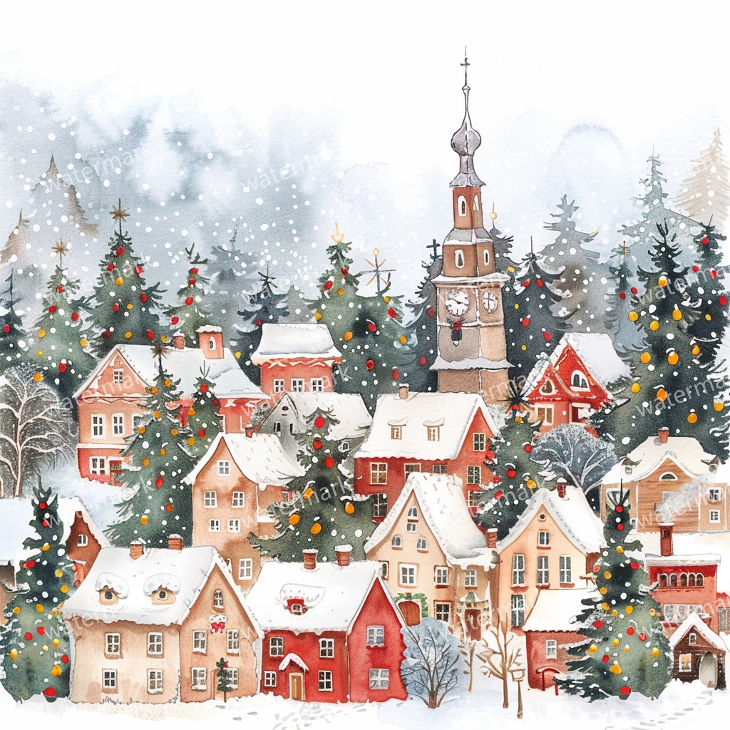 【商用利用可】クリスマス村(水彩ウィンタービレッジ)クリップアート11点セット|赤い家と雪の教会|高解像度・透過PNG|コラージュ・ジャンクジャーナル素材|即ダウンロード