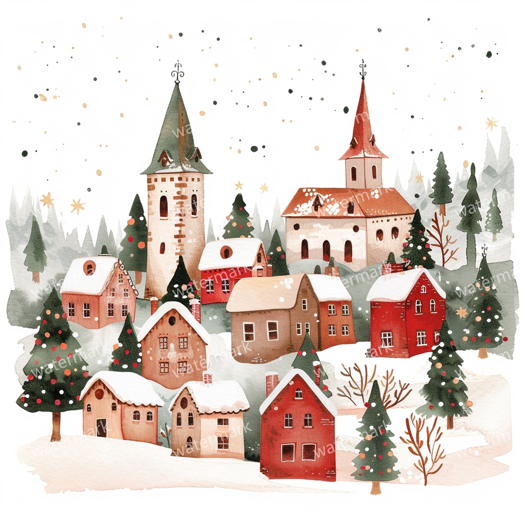 【商用利用可】クリスマス村(水彩ウィンタービレッジ)クリップアート11点セット|赤い家と雪の教会|高解像度・透過PNG|コラージュ・ジャンクジャーナル素材|即ダウンロード