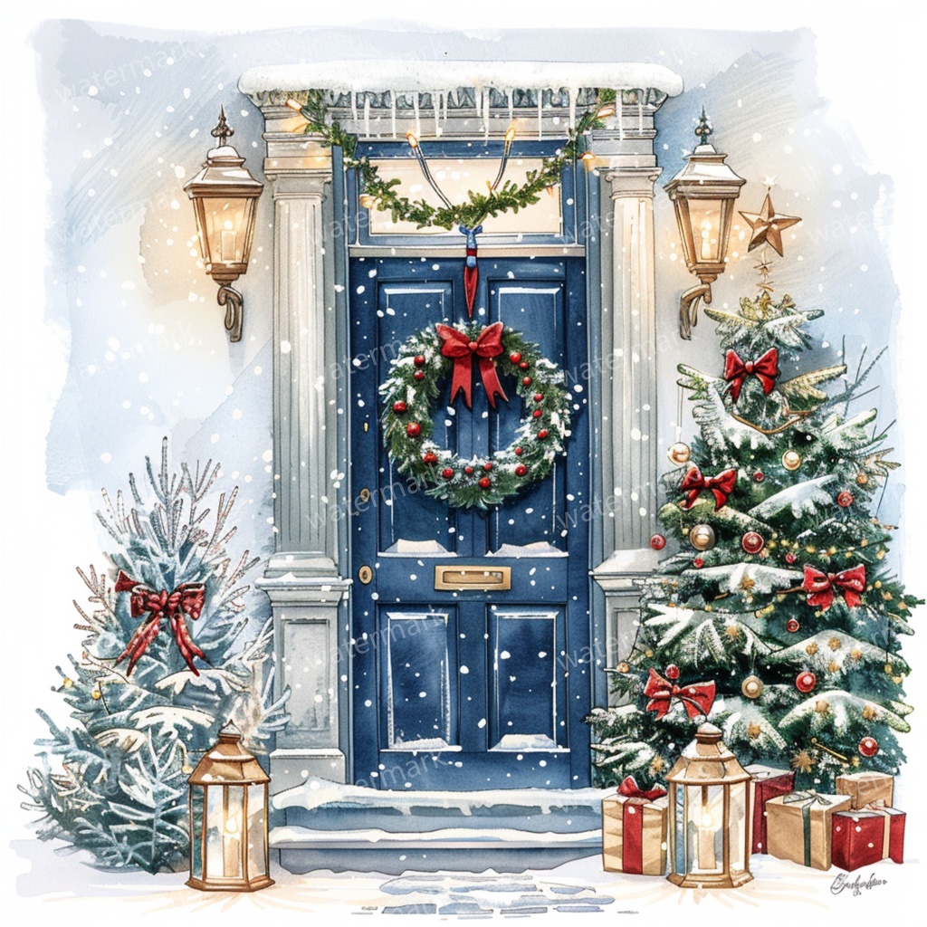 【商用利用可】クリスマス玄関ドア(水彩クリスマスドア)クリップアート10点セット|高解像度JPG|印刷OK|コラージュ・ジャンクジャーナル素材|即ダウンロード