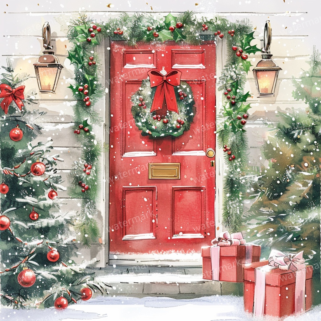 【商用利用可】クリスマス玄関ドア(水彩クリスマスドア)クリップアート10点セット|高解像度JPG|印刷OK|コラージュ・ジャンクジャーナル素材|即ダウンロード