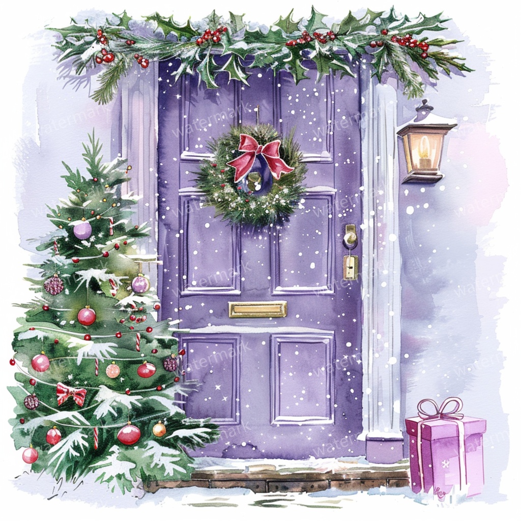 【商用利用可】クリスマス玄関ドア(水彩クリスマスドア)クリップアート10点セット|高解像度JPG|印刷OK|コラージュ・ジャンクジャーナル素材|即ダウンロード