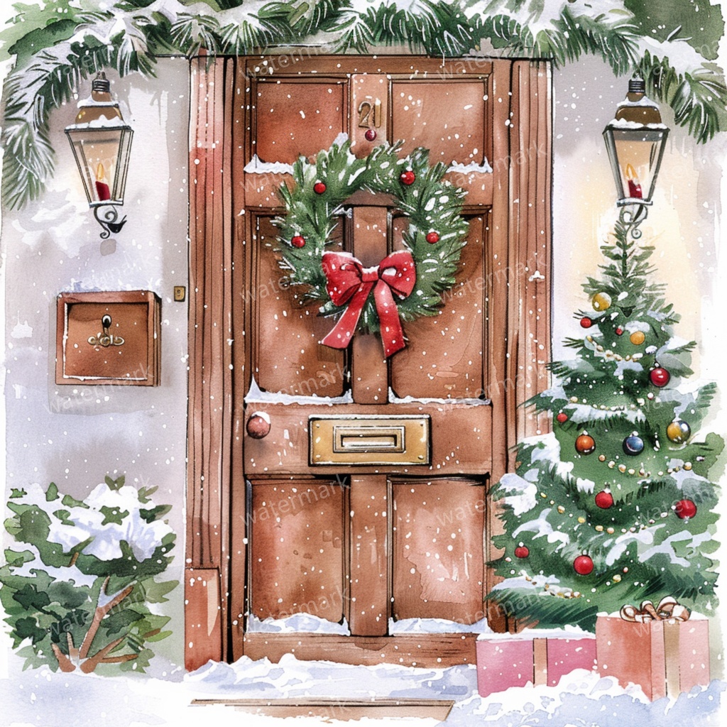 【商用利用可】クリスマス玄関ドア(水彩クリスマスドア)クリップアート10点セット|高解像度JPG|印刷OK|コラージュ・ジャンクジャーナル素材|即ダウンロード