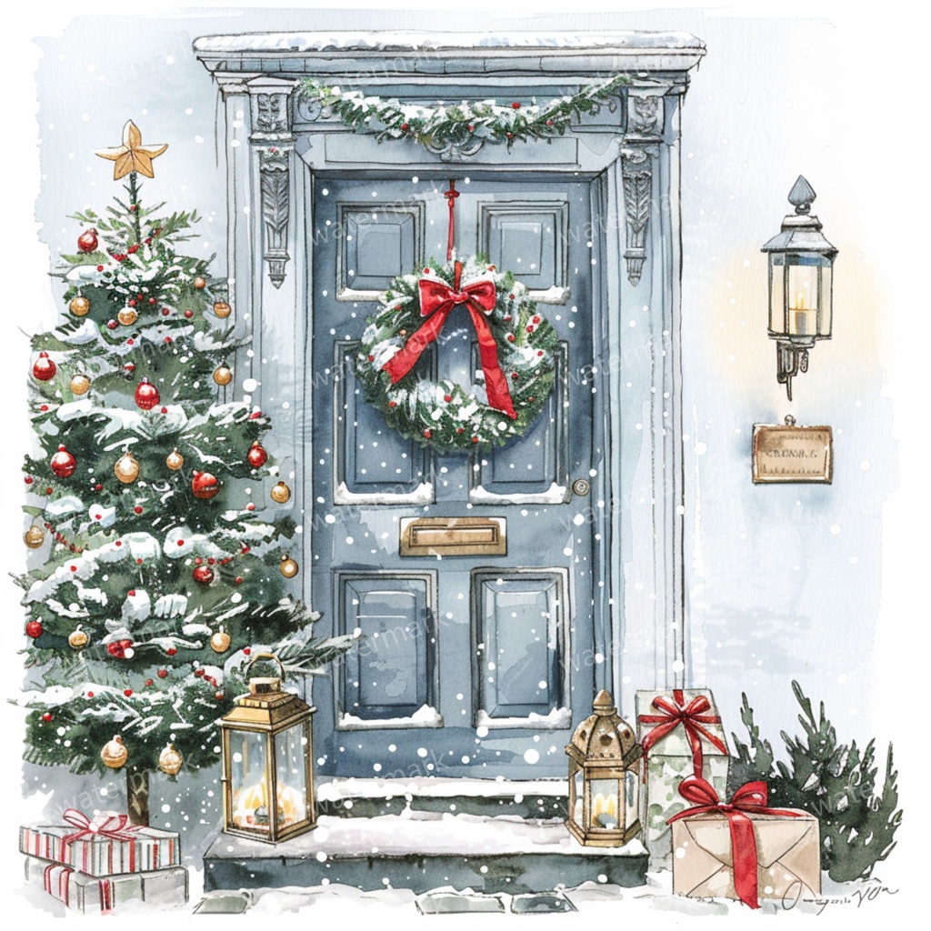 【商用利用可】クリスマス玄関ドア(水彩クリスマスドア)クリップアート10点セット|高解像度JPG|印刷OK|コラージュ・ジャンクジャーナル素材|即ダウンロード