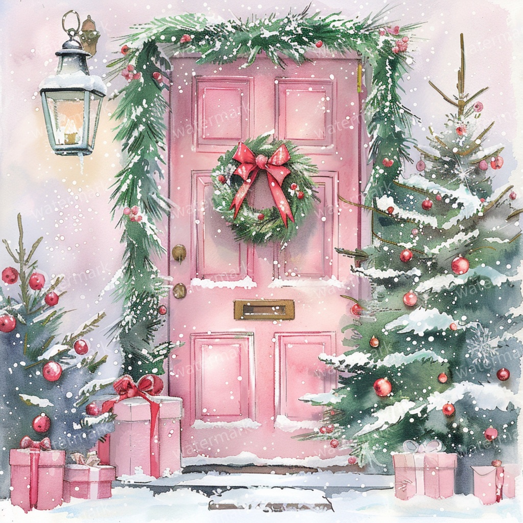 【商用利用可】クリスマス玄関ドア(水彩クリスマスドア)クリップアート10点セット|高解像度JPG|印刷OK|コラージュ・ジャンクジャーナル素材|即ダウンロード