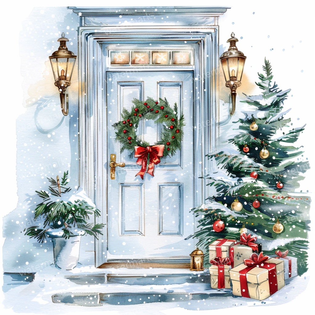 【商用利用可】クリスマス玄関ドア(水彩クリスマスドア)クリップアート10点セット|高解像度JPG|印刷OK|コラージュ・ジャンクジャーナル素材|即ダウンロード