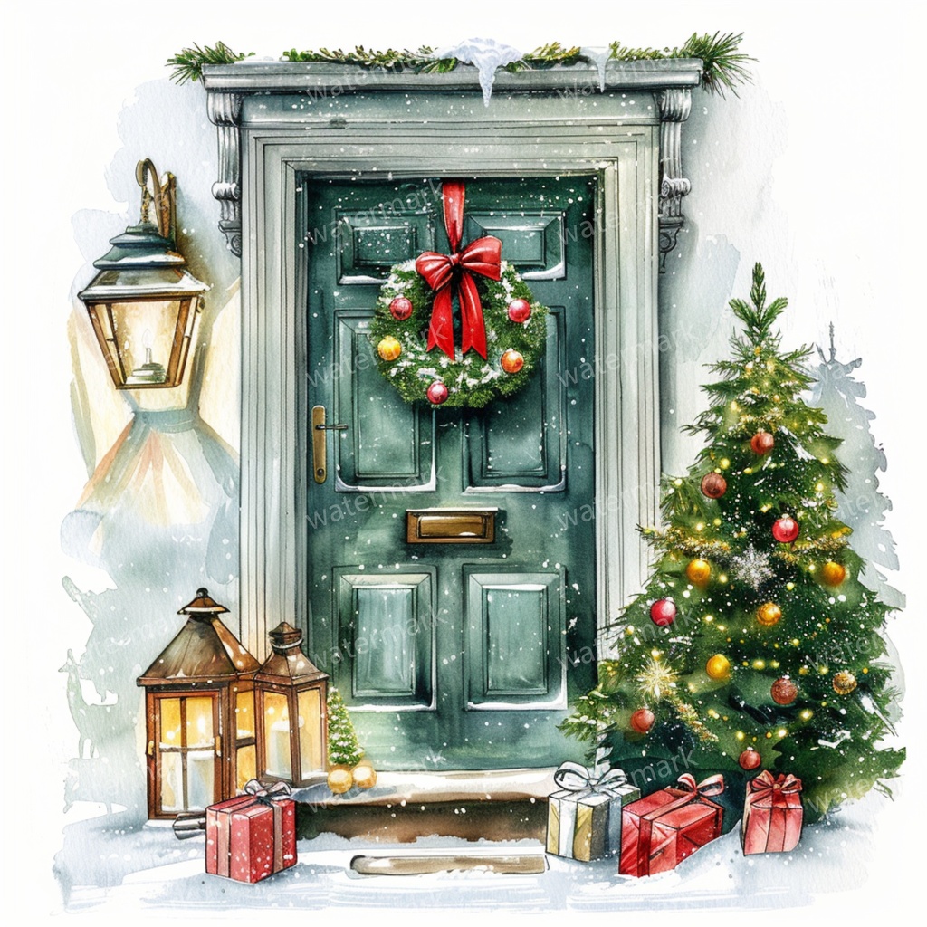 【商用利用可】クリスマス玄関ドア(水彩クリスマスドア)クリップアート10点セット|高解像度JPG|印刷OK|コラージュ・ジャンクジャーナル素材|即ダウンロード