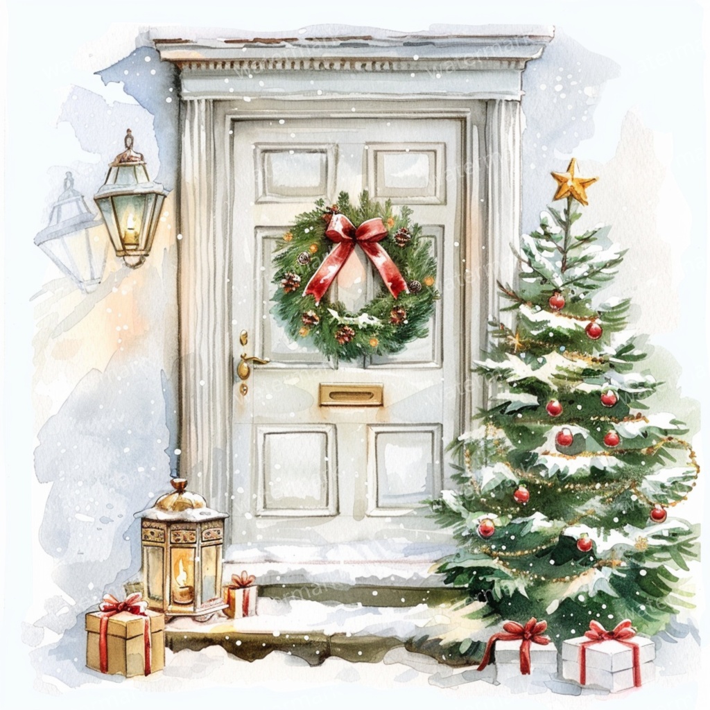 【商用利用可】クリスマス玄関ドア（水彩クリスマスドア）クリップアート10点セット｜高解像度JPG｜印刷OK｜コラージュ・ジャンクジャーナル素材｜即ダウンロード