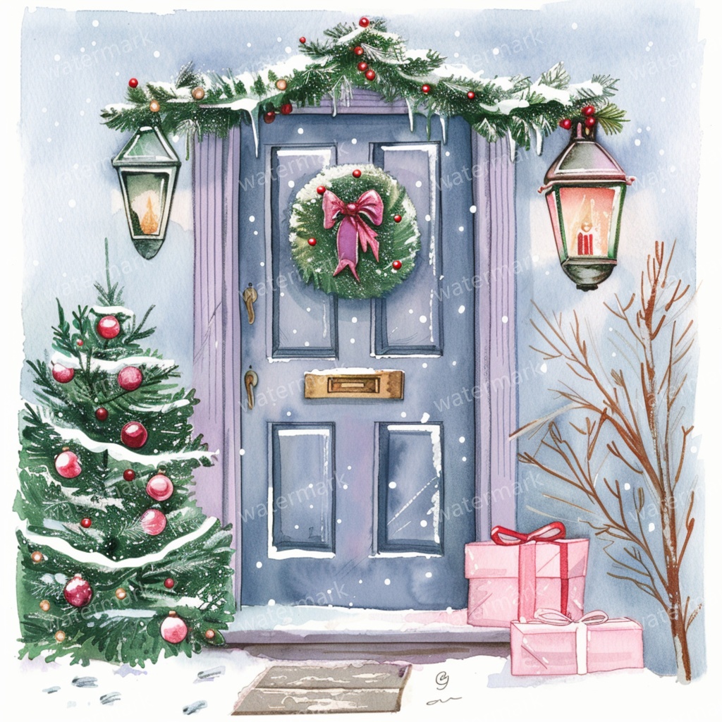 【商用利用可】クリスマス玄関ドア(水彩クリスマスドア)クリップアート10点セット|高解像度JPG|印刷OK|コラージュ・ジャンクジャーナル素材|即ダウンロード