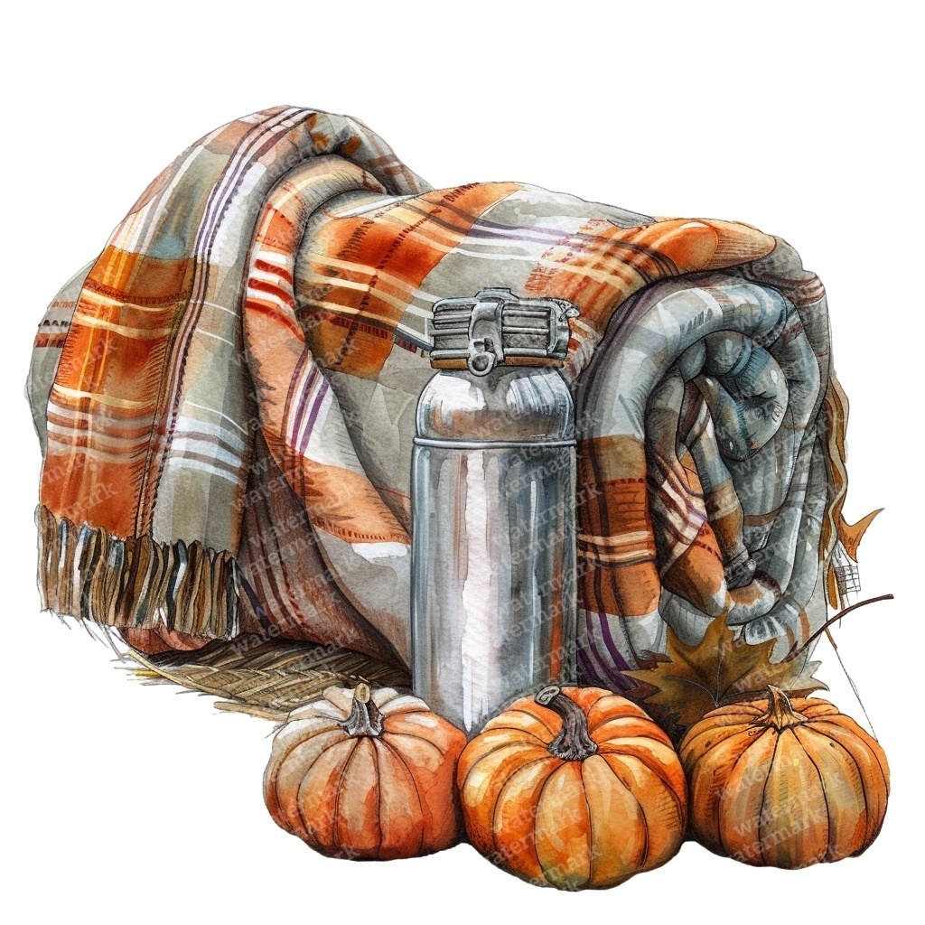 【商用利用可】コージー秋(水彩オータムクリップアート)セット|かぼちゃ・コーヒー・ブランケット・収穫イラスト|高解像度・透過PNG|ジャンクジャーナル・コラージュ素材|即ダウンロード