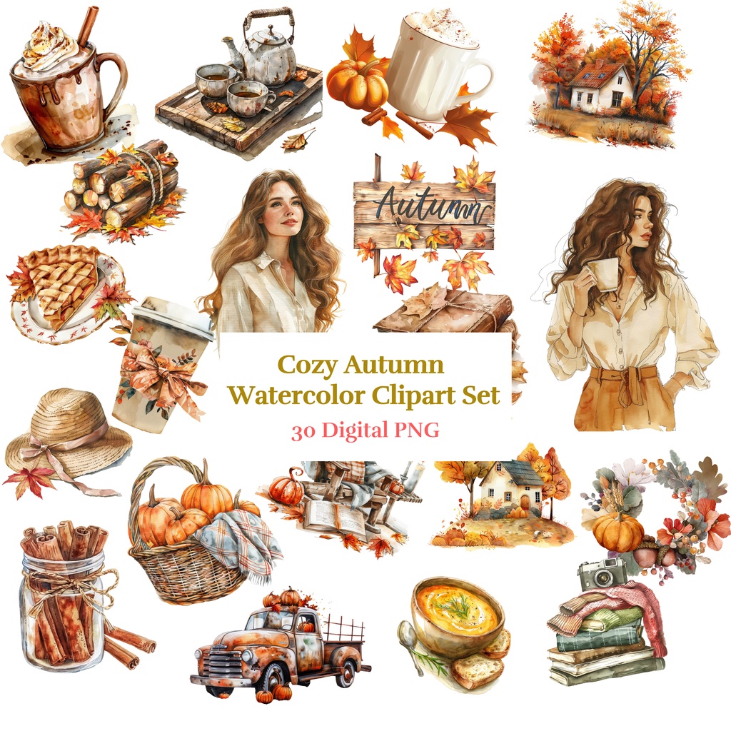 【商用利用可】コージー秋(水彩オータムクリップアート)セット|かぼちゃ・コーヒー・ブランケット・収穫イラスト|高解像度・透過PNG|ジャンクジャーナル・コラージュ素材|即ダウンロード