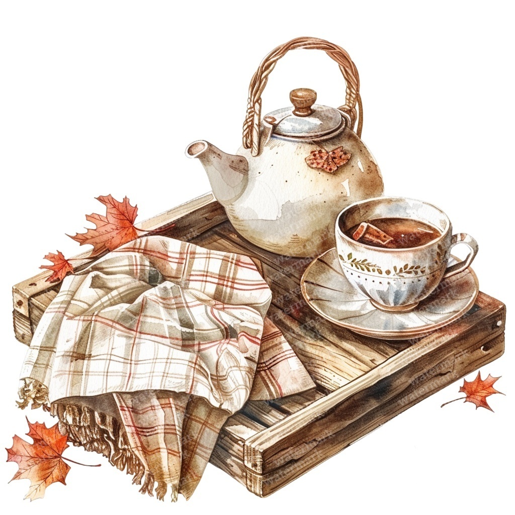 【商用利用可】コージー秋(水彩オータムクリップアート)セット|かぼちゃ・コーヒー・ブランケット・収穫イラスト|高解像度・透過PNG|ジャンクジャーナル・コラージュ素材|即ダウンロード