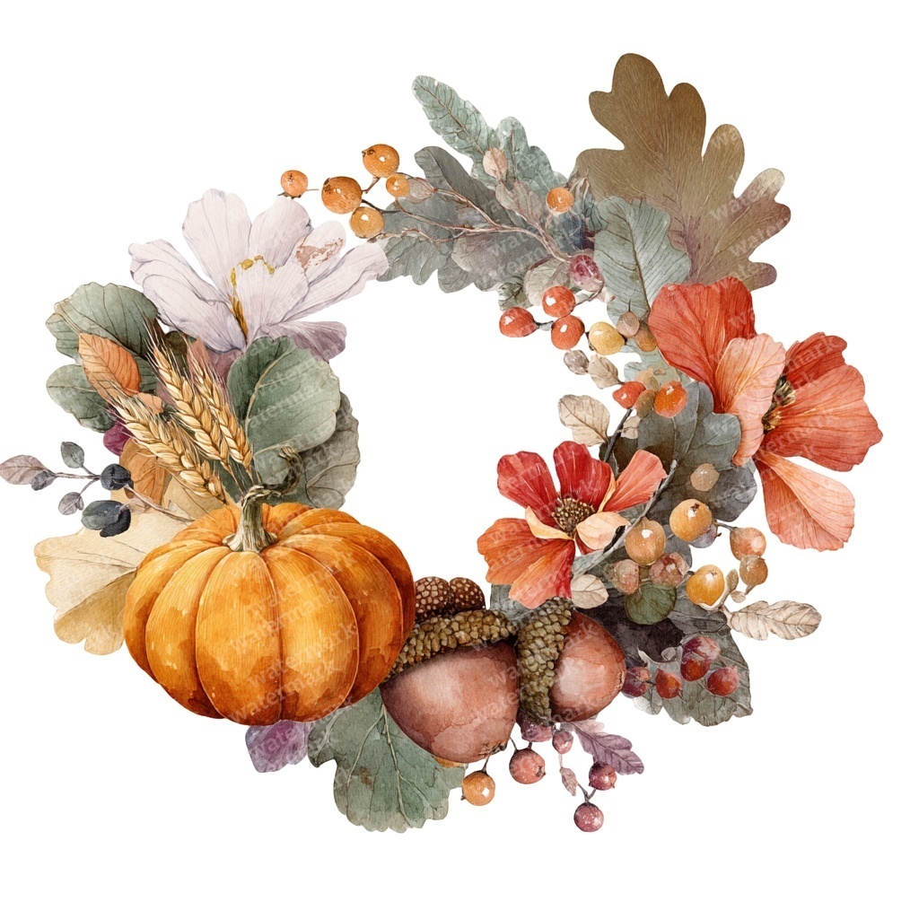 【商用利用可】コージー秋(水彩オータムクリップアート)セット|かぼちゃ・コーヒー・ブランケット・収穫イラスト|高解像度・透過PNG|ジャンクジャーナル・コラージュ素材|即ダウンロード