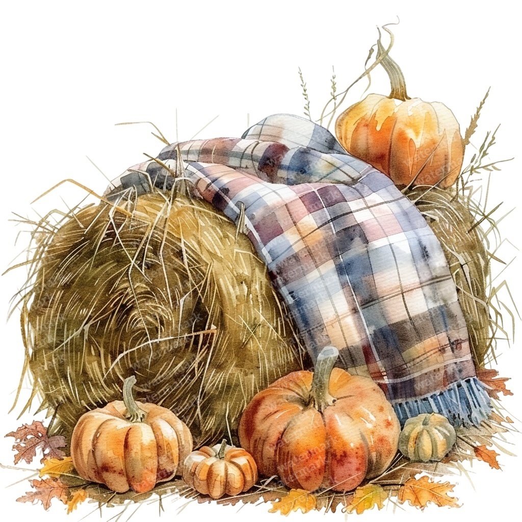 【商用利用可】コージー秋(水彩オータムクリップアート)セット|かぼちゃ・コーヒー・ブランケット・収穫イラスト|高解像度・透過PNG|ジャンクジャーナル・コラージュ素材|即ダウンロード