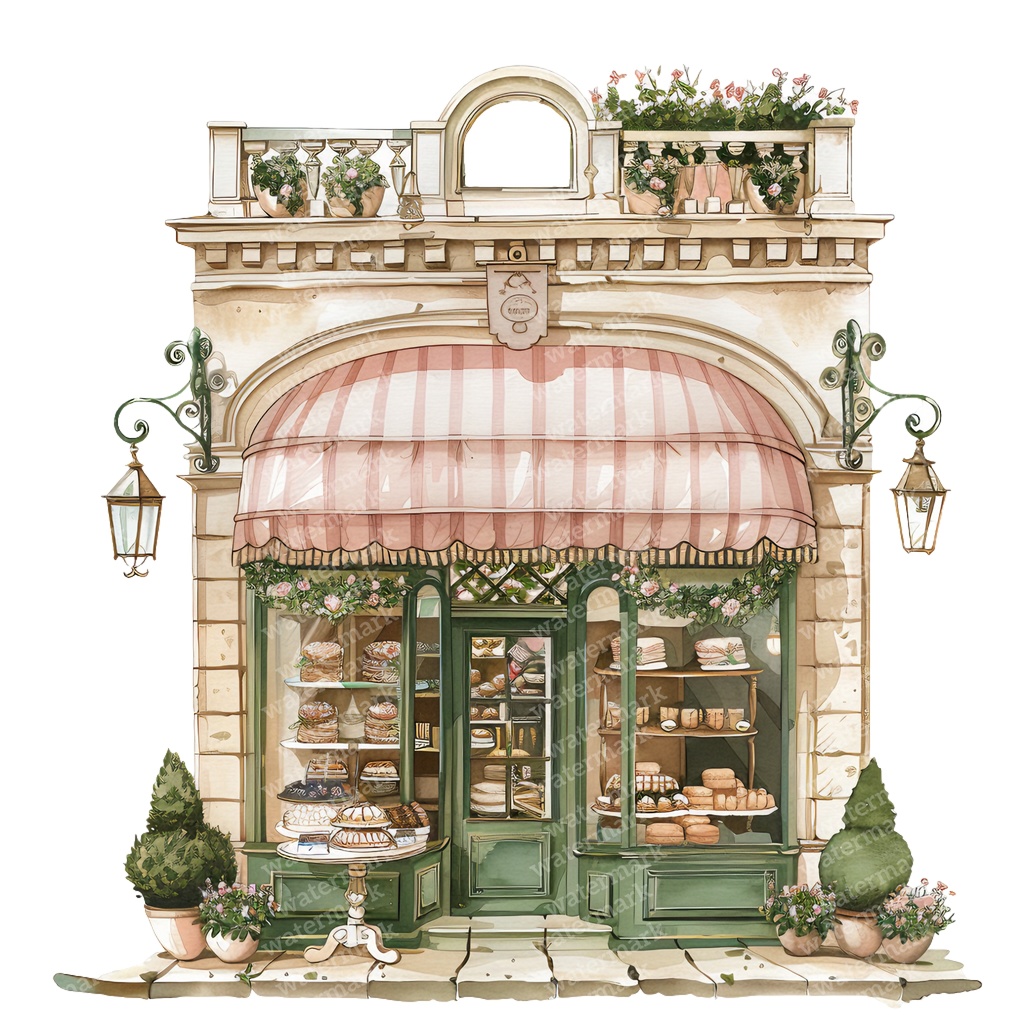 【商用利用可】フレンチカフェ外観(水彩カフェ店舗)クリップアート16点セット|高解像度・透過PNG|パリ風街並み|コラージュ・ジャンクジャーナル素材|即ダウンロード