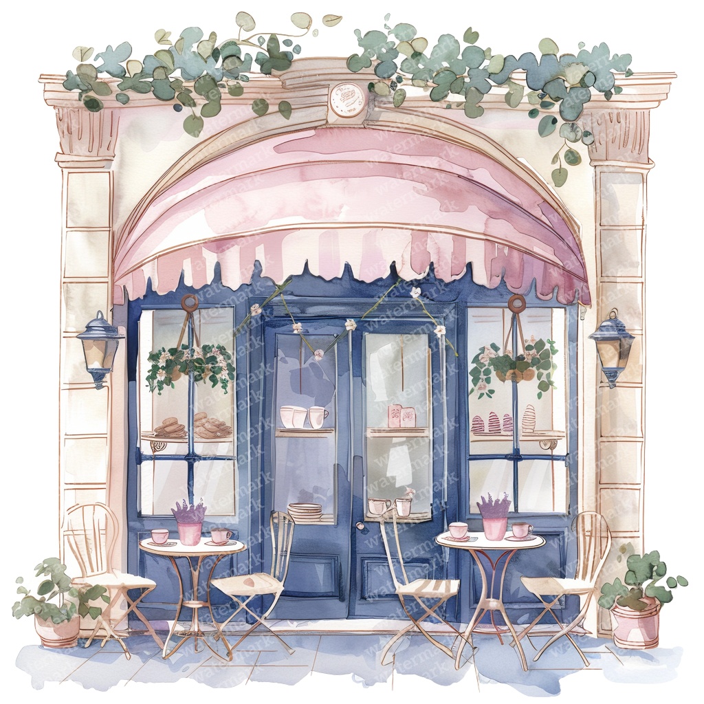 【商用利用可】フレンチカフェ外観(水彩カフェ店舗)クリップアート16点セット|高解像度・透過PNG|パリ風街並み|コラージュ・ジャンクジャーナル素材|即ダウンロード