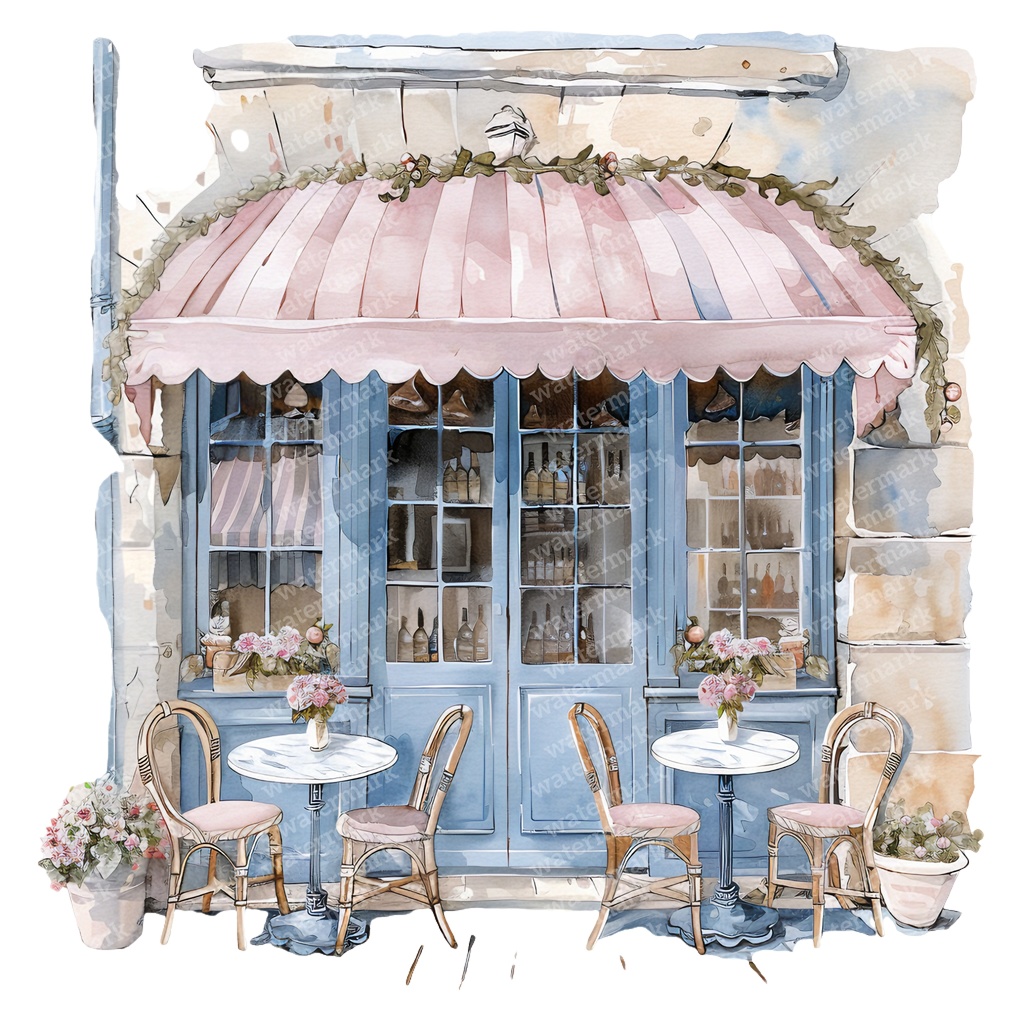 【商用利用可】フレンチカフェ外観(水彩カフェ店舗)クリップアート16点セット|高解像度・透過PNG|パリ風街並み|コラージュ・ジャンクジャーナル素材|即ダウンロード