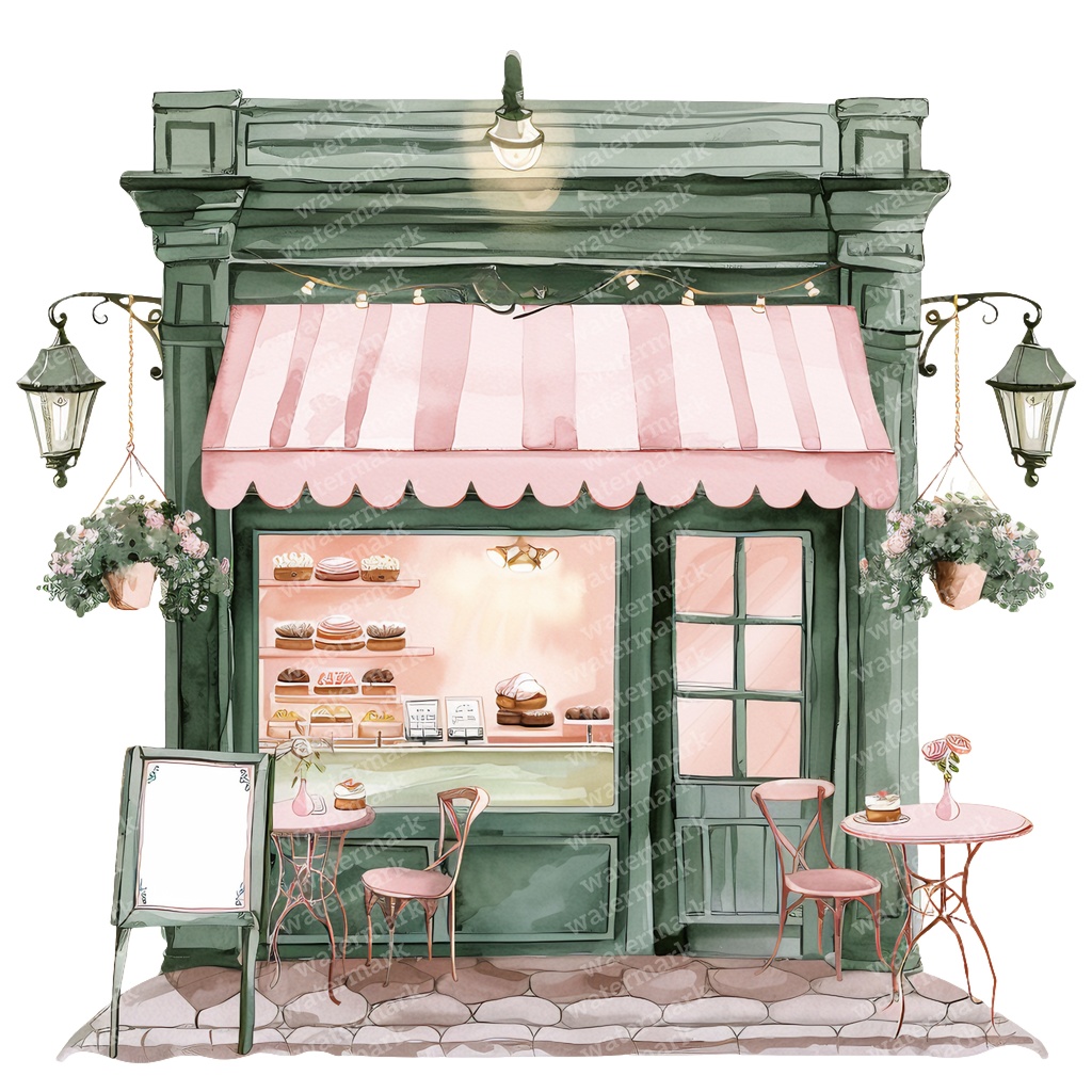 【商用利用可】フレンチカフェ外観(水彩カフェ店舗)クリップアート16点セット|高解像度・透過PNG|パリ風街並み|コラージュ・ジャンクジャーナル素材|即ダウンロード